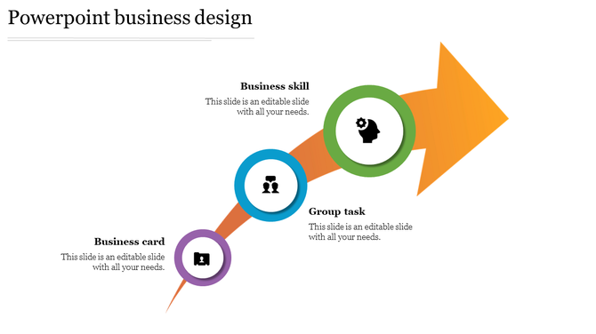 Business PowerPoint design slide featuring icons for Business Skill, Group Task, and Business Card with an upward arrow.