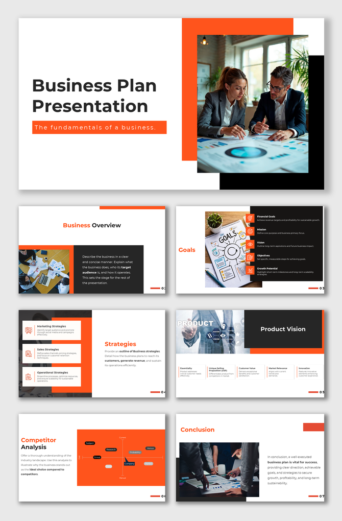 Alt: Overview of a 7-slide Business Plan deck featuring orange and black layouts for strategies, goals, and competitor analysis.