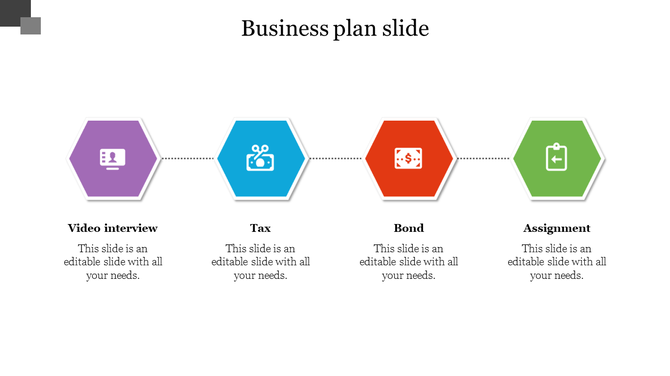 Business plan slide with four hexagons in purple, blue, red, and green, labeled with icons and text below.