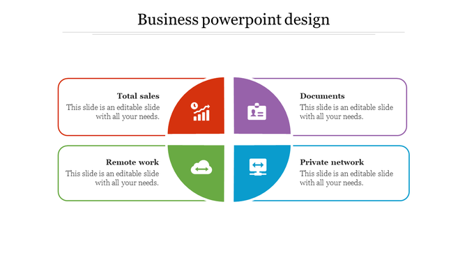 Business design template featuring a circle divided into red, purple, green, and blue quadrants with respective labels.