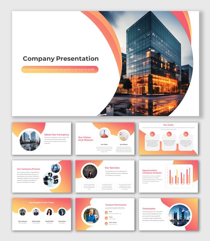 Company presentation template with slides on goals, services, team, and contact information featuring modern design elements.