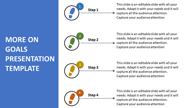 PPT slide for a goal presentation featuring four steps with colored icons and progress indicators with placeholder text.
