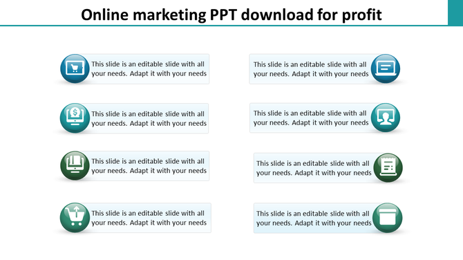 Two column layout of marketing concepts with eight icons and text in shades of green and blue.