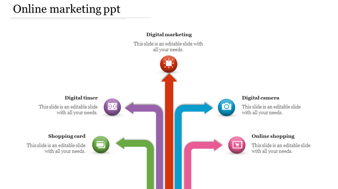 Marketing themed slide with five upward arrows in red, purple, green, blue, and pink leading to key concepts.