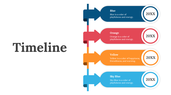 A vertically aligned timeline featuring colored ribbons in navy, orange, yellow, and blue with rounded edges.