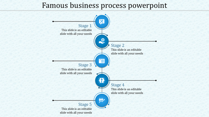 Blue themed infographic with icons inside circles representing five business stages connected vertically.