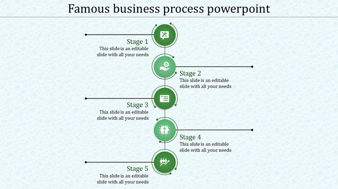 Business process flow timeline slide with five stages each represented by green icons and labels with placeholder text.