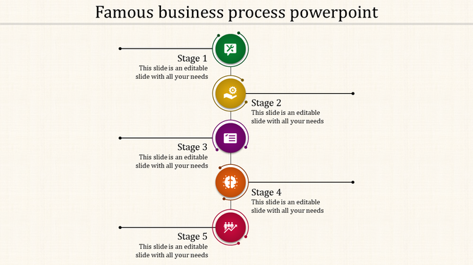Five stage business process PowerPoint template with icons in a variety of colors for each stage.