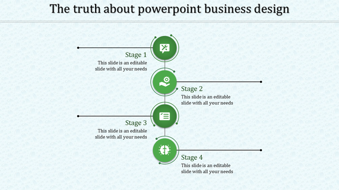 Vertical business process with four green stages, icons and caption areas placed in white background.