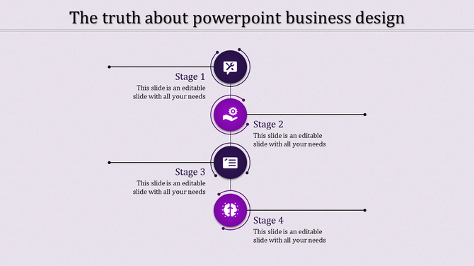 Vertical timeline with purple circular icons marking four stages, each connected to captions on a light background.
