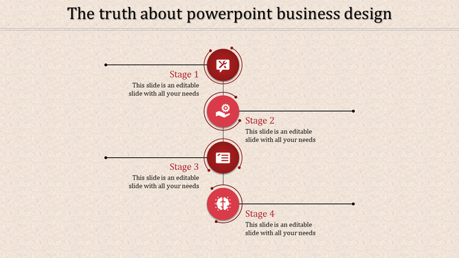 Timeline PPT slide with four stages of business process flow in red, each stage accompanied by an icon and placeholder text.