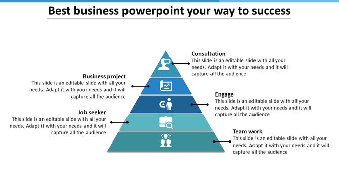 A business slide showcasing a pyramid with stages of success from consultation to business project with icons.