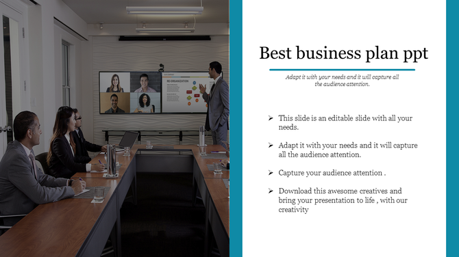 Business plan template showing a collaborative meeting with visual aids in a modern meeting space.
