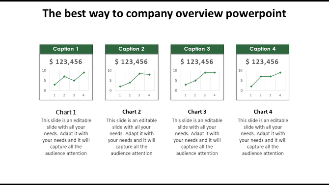 Company overview slide featuring four green framed charts with captions and values, and descriptions below.