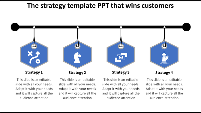 Slide featuring a strategy timeline with four blue hexagonal icons: strategy path, chess knight, gear, and chess king.