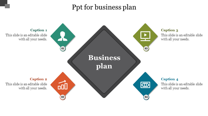 PPT slide for business plan, featuring colorful icons for user profile, growth chart, computer, and cash flow with text.
