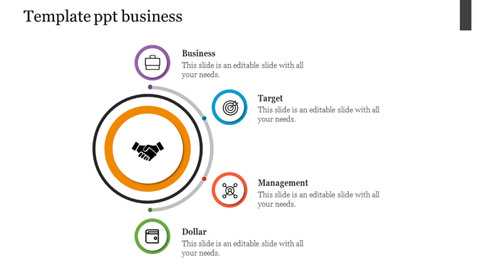 Business-themed diagram featuring a handshake icon in the middle, with four icons arranged around it.