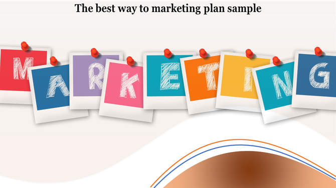Pinned note cards with colorful letters forming the word marketting on a white and brown wavy background.