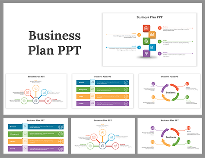 A pack of business plan slides showcasing colorful sections with different layout designs and icons with text descriptions.