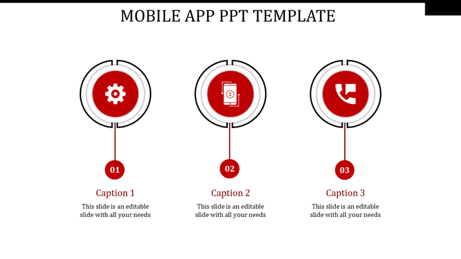 Minimalist mobile app slide with three red circular icons for system settings, financial transactions, and communication.