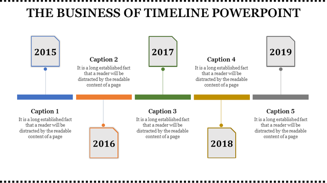 A timeline PowerPoint template displaying years from 2015 to 2019, with captions for each year.