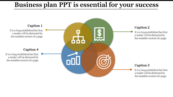 Four-circle Venn diagram with sections, displaying icons for hierarchy, financial document, bar graph, and target.