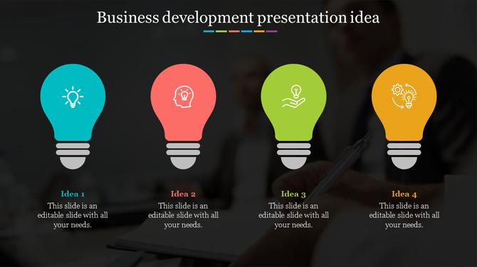 Four light bulbs representing business development ideas, each labeled with a different concept.