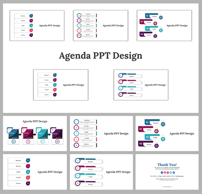 Collection of agenda slide designs with different formats, icons, and color-coded sections for presentations.