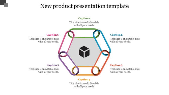New product slide with interconnected loops forming a hexagon, each loop linked to labeled captions around a cube icon.