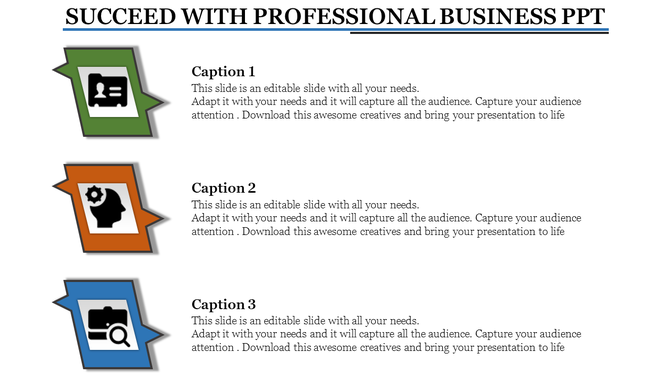 PowerPoint slide featuring icons and captions for a professional business presentation template.