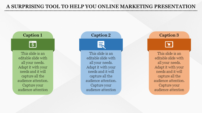 Infographic featuring three vertical blocks in green, blue, and orange with icons for online marketing topics.