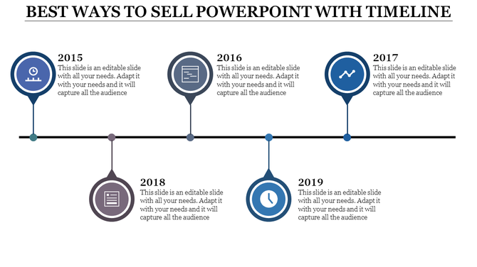 Timeline template showing a straight line with five blue circular markers and descriptive captions from 2015 to 2019.