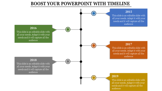 Timeline PowerPoint template with colorful speech bubble icons representing different years from 2015 to 2019.
