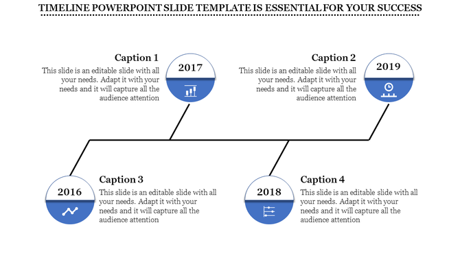 Business timeline slide featuring years 2016, 2017, 2018, and 2019, displayed in blue and white circles connected by a line.