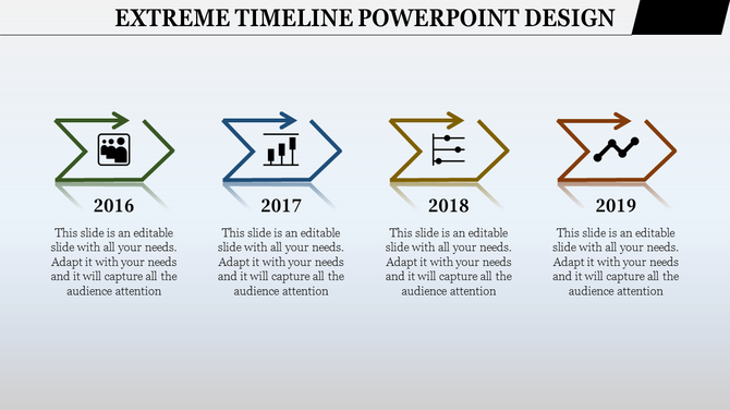 A timeline PowerPoint slide with arrows representing 2016 to 2019, each featuring icons and captions.