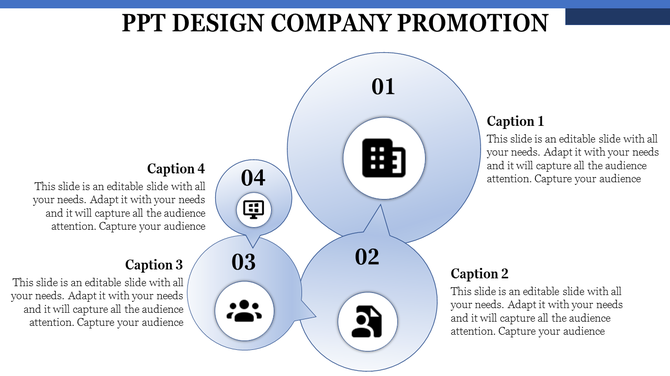 A circular business PPT design template featuring four numbered sections and icons for various business related topics.