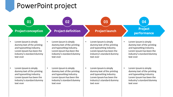Project slide with four numbered arrows in green, purple, orange, and blue, each with title and captions.