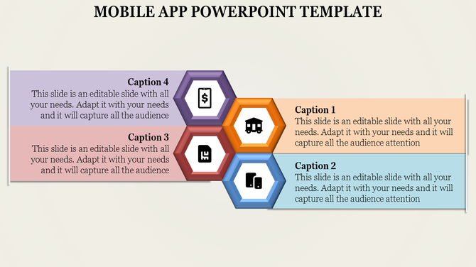 Mobile app template with stacked hexagons in purple, orange, brown, and blue, linked to captions with pastel colored boxes.