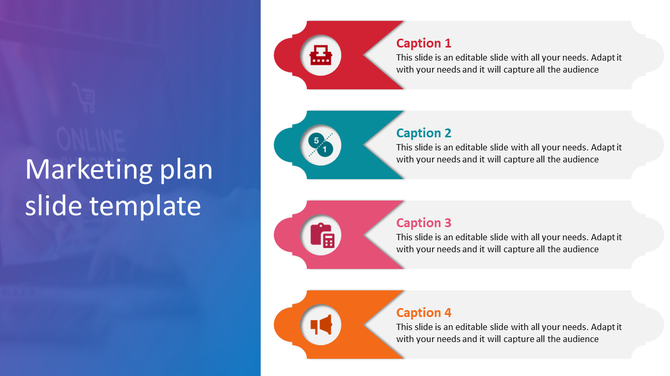 Marketing slide with four horizontal banners in red, blue, pink, and orange, each with icons and a blue sidebar.