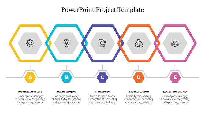 Project management slide showing five colorful hexagons with icons for PM infrastructure, defining, planning, and reviewing.
