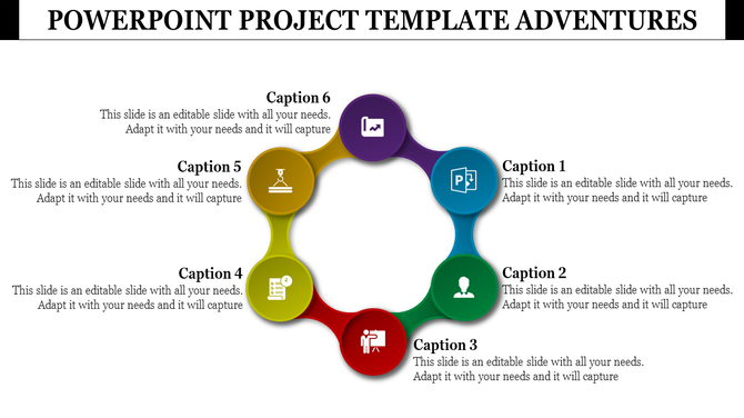 A PowerPoint project template featuring a colorful circular layout with six sections, each representing a key aspect.