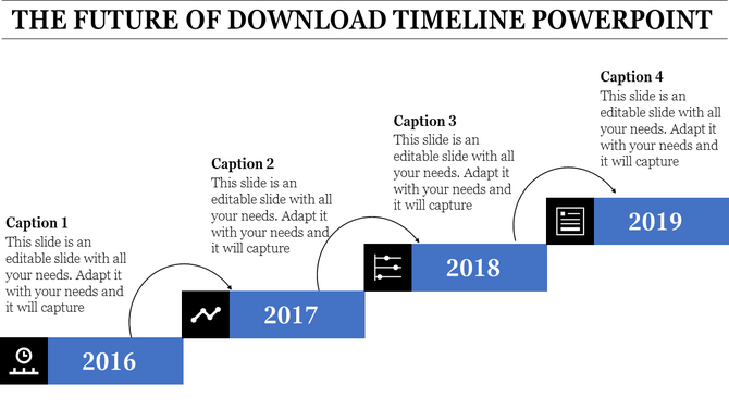 Four-step timeline with years 2016, 2017, 2018, and 2019 displayed on blue blocks and icons above captions.