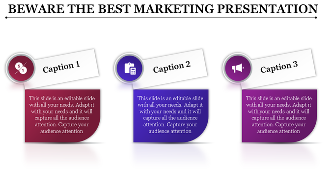 Marketing slide with three horizontal segments, each containing a number and an icon representing marketing concepts.
