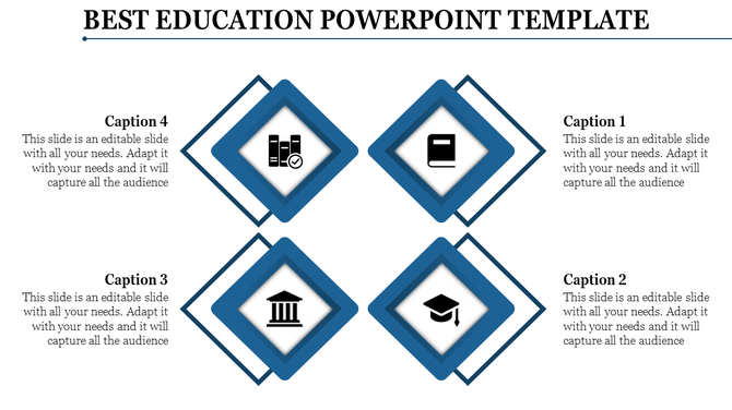 Creative slide for education with four diamond-shaped icons in blue, featuring educational icons each with a caption. 