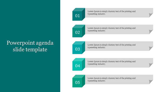 Agenda slide with five numbered blocks in green, aligned vertically, with text boxes extending horizontally to the right.