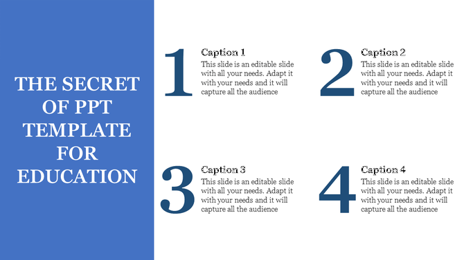 Educational PowerPoint slide design with numbered sections and captions, each section labeled from 1 to 4.