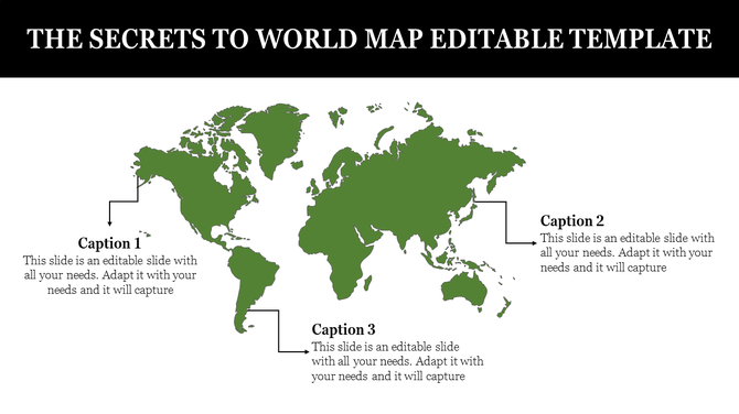 PowerPoint template featuring a green world map with three text captions with placeholder text.