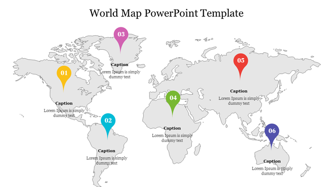 World map PowerPoint template showing location markers on continents with captions for each region.