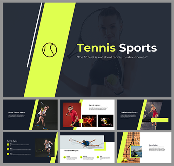 Tennis themed PPT slides showcasing images of players with neon accents and text about tennis techniques.