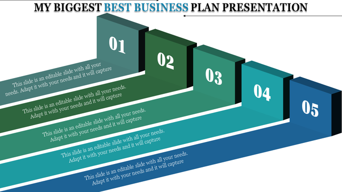 A colorful five step business plan PowerPoint template with placeholder sections.